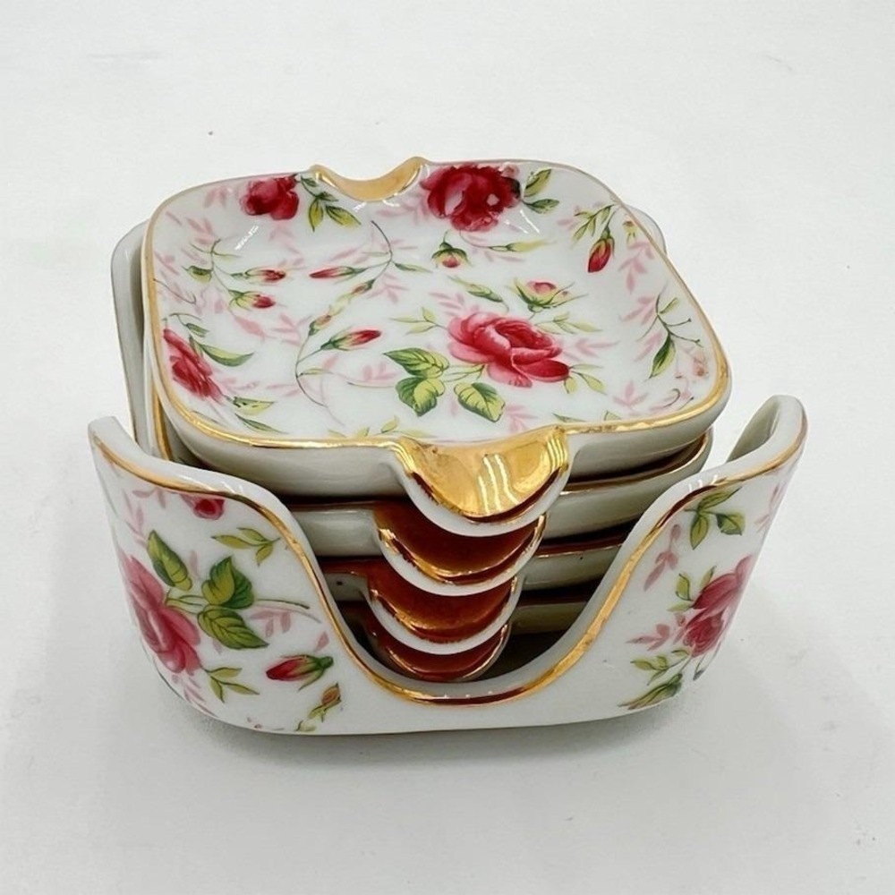 Lefton Hand Painted Floral Square Porcelain Candy Dish Set, 666 R